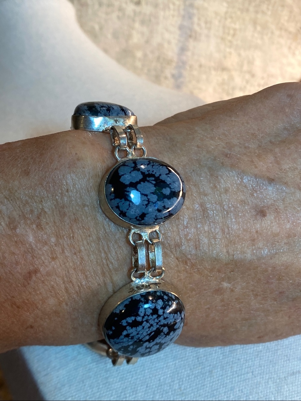 Natural Snowflake Obsidian Sterling Silver 925 Link Bracelet